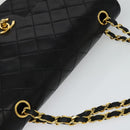 CHANEL Matelasse 25 Double Flap Chain Bag Lamb Skin Black Gold CC Auth BD485A-6
