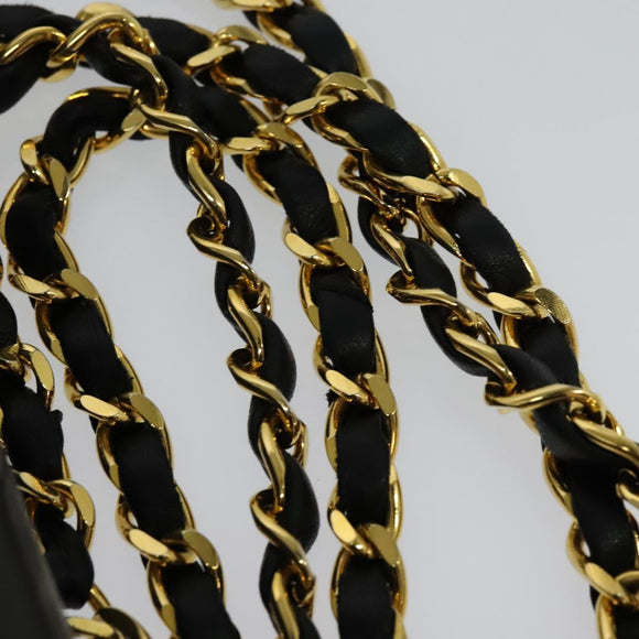 CHANEL Matelasse 25 Double Flap Chain Bag Lamb Skin Black Gold CC Auth BD485A