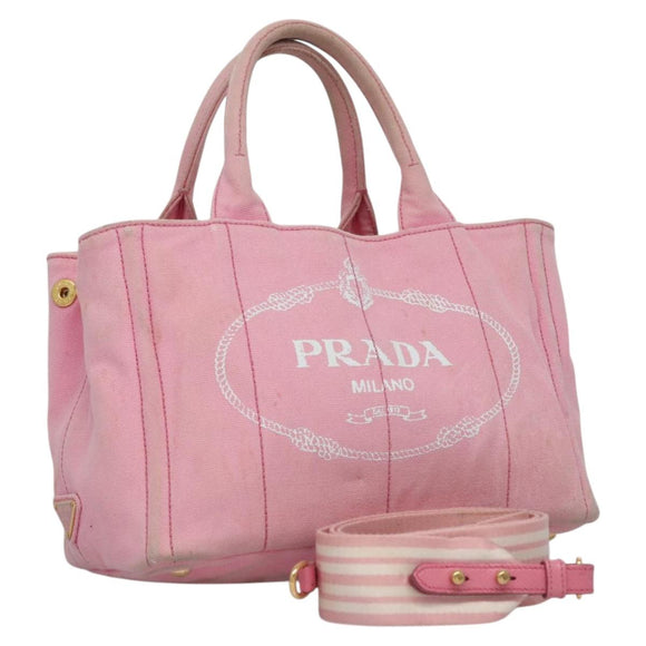 PRADA Canapa PM Hand Bag Denim 2way Pink Gold Auth BD514