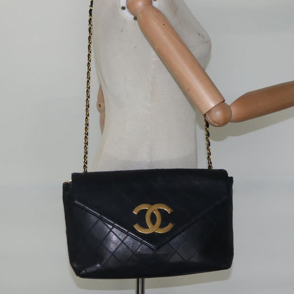 CHANEL Bicolore Deca Coco Chain Shoulder Bag Lamb Skin Navy Gold CC Auth BD569