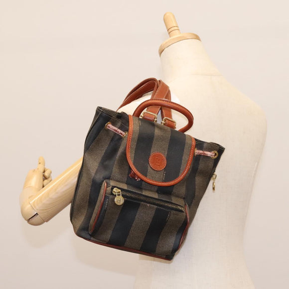 FENDI Pecan Canvas Backpack Brown Black gold Auth BD579