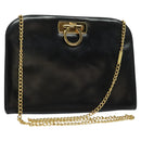 Salvatore Ferragamo Gancini Chain Shoulder Bag Leather Black Gold Auth BD726-1