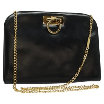 Salvatore Ferragamo Gancini Chain Shoulder Bag Leather Black Gold Auth BD726
