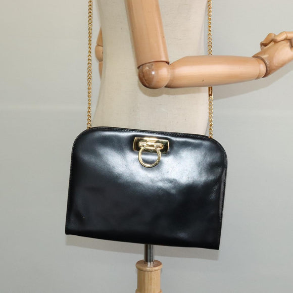 Salvatore Ferragamo Gancini Chain Shoulder Bag Leather Black Gold Auth BD726