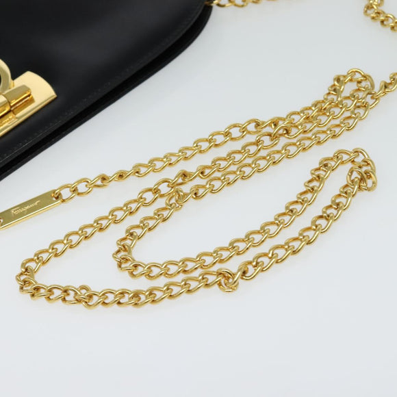 Salvatore Ferragamo Gancini Chain Shoulder Bag Leather Black Gold Auth BD726