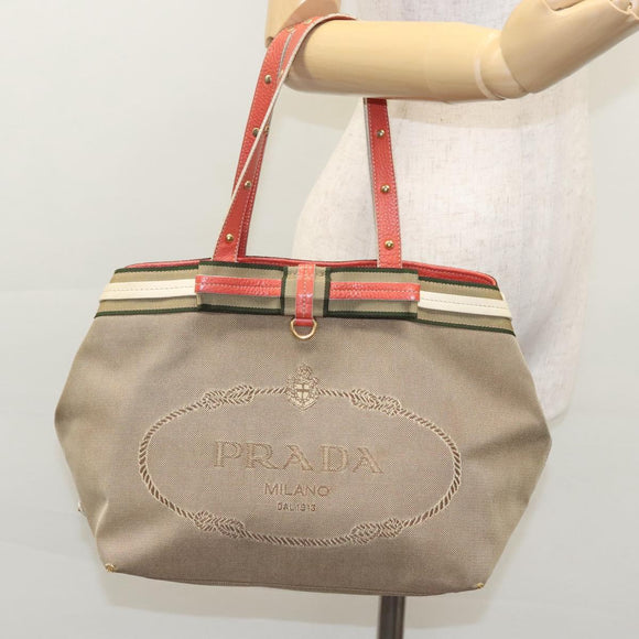 PRADA Tote Bag Canvas Beige Auth BD737