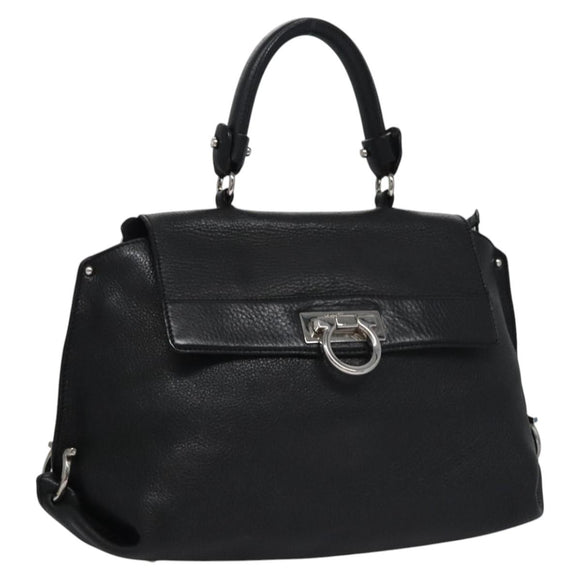 Salvatore Ferragamo Gancini Hand Bag Leather Black Silver Auth BD817