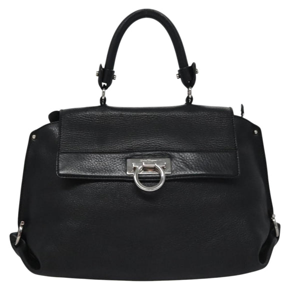 Salvatore Ferragamo Gancini Hand Bag Leather Black Silver Auth BD817
