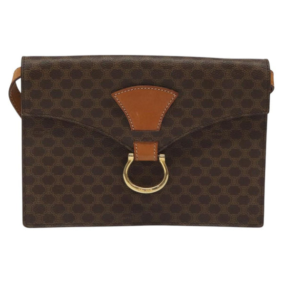 CELINE Macadam Canvas Shoulder Bag PVC Leather Brown Gold Auth BD908