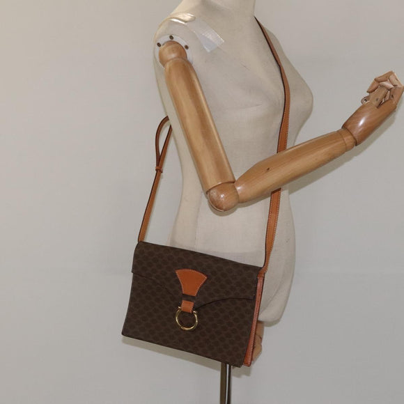 CELINE Macadam Canvas Shoulder Bag PVC Leather Brown Gold Auth BD908