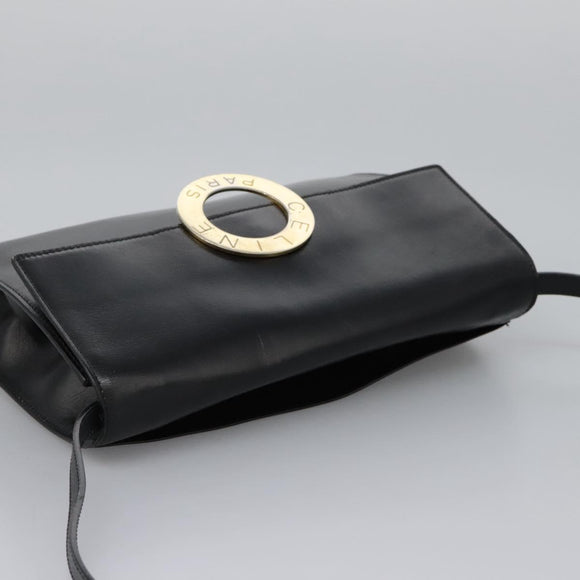 CELINE Circle Shoulder Bag Leather Black Gold Auth BD909