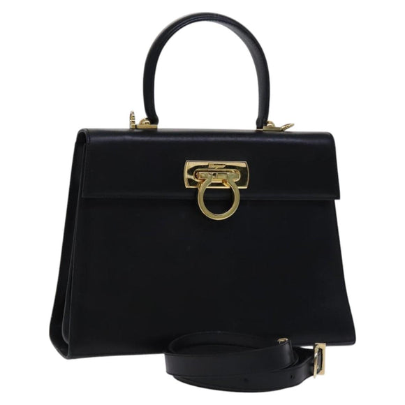 Salvatore Ferragamo Gancini Hand Bag Leather 2way Black Gold Auth BD910