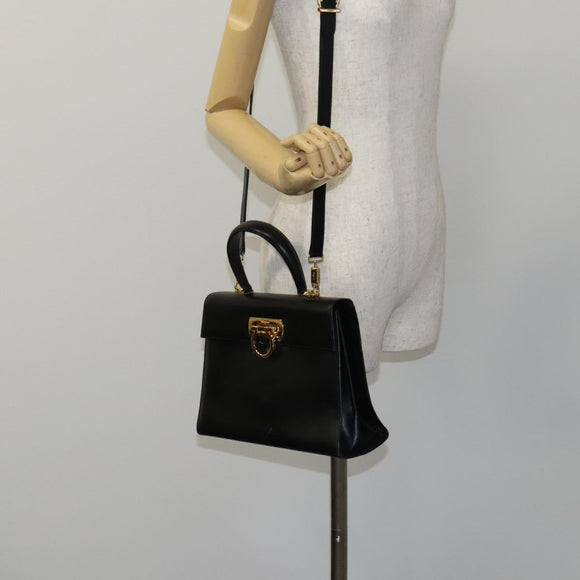 Salvatore Ferragamo Gancini Hand Bag Leather 2way Black Gold Auth BD910