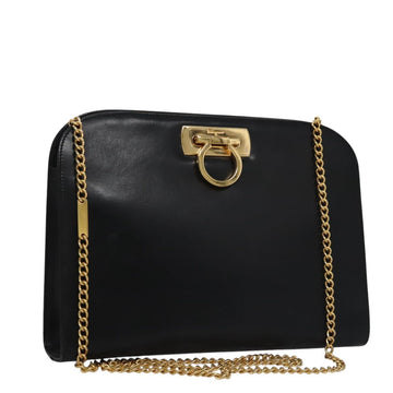 Salvatore Ferragamo Gancini Chain Shoulder Bag Leather Black Gold Auth BD929