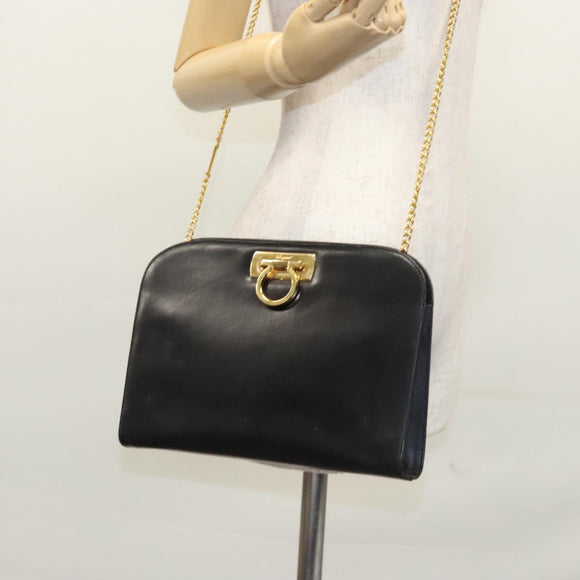 Salvatore Ferragamo Gancini Chain Shoulder Bag Leather Black Gold Auth BD929