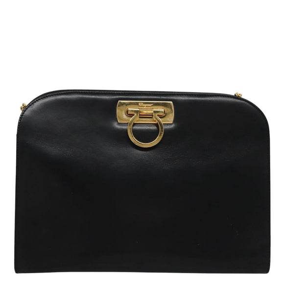 Salvatore Ferragamo Gancini Chain Shoulder Bag Leather Black Gold Auth BD929