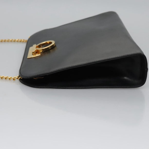 Salvatore Ferragamo Gancini Chain Shoulder Bag Leather Black Gold Auth BD929