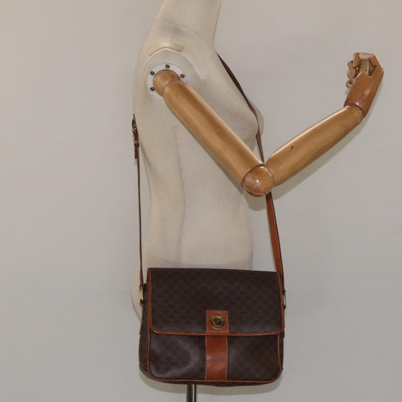CELINE Macadam Canvas Shoulder Bag PVC Leather Brown Gold Auth BD960