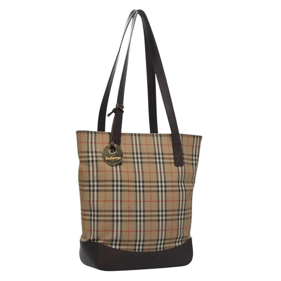 Burberrys Nova Check Tote Bag Canvas Leather Beige Gold Auth BD987