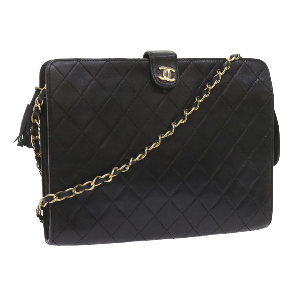 CHANEL Chain Shoulder Bag Lamb Skin Black CC Auth bs10097