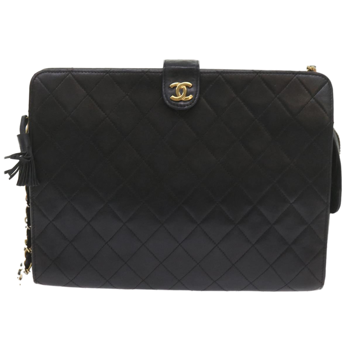 CHANEL Chain Shoulder Bag Lamb Skin Black CC Auth bs10097