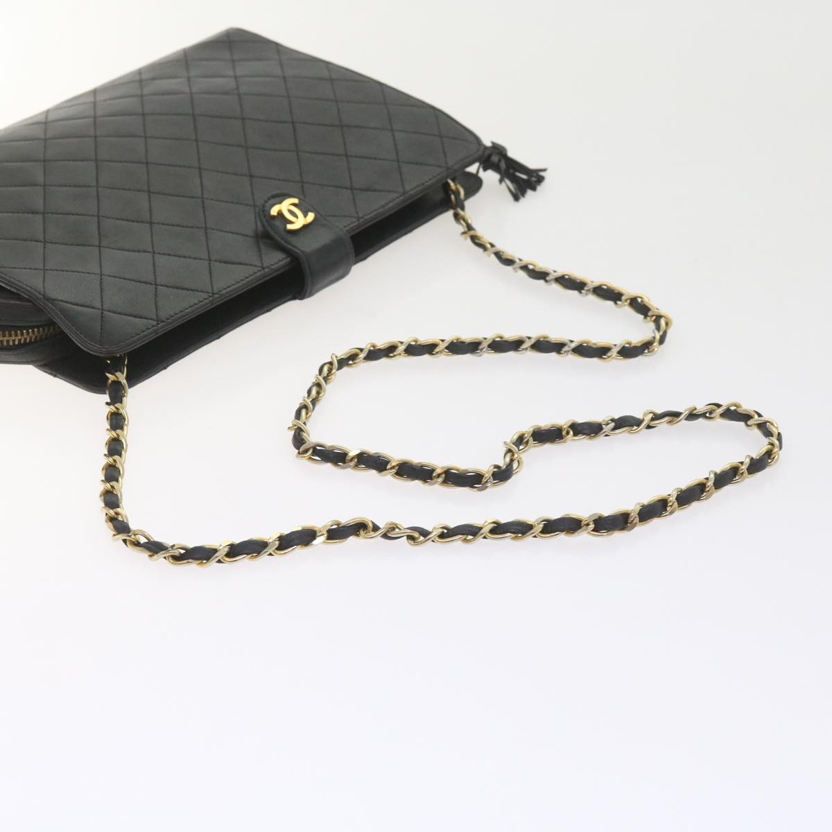 CHANEL Chain Shoulder Bag Lamb Skin Black CC Auth bs10097