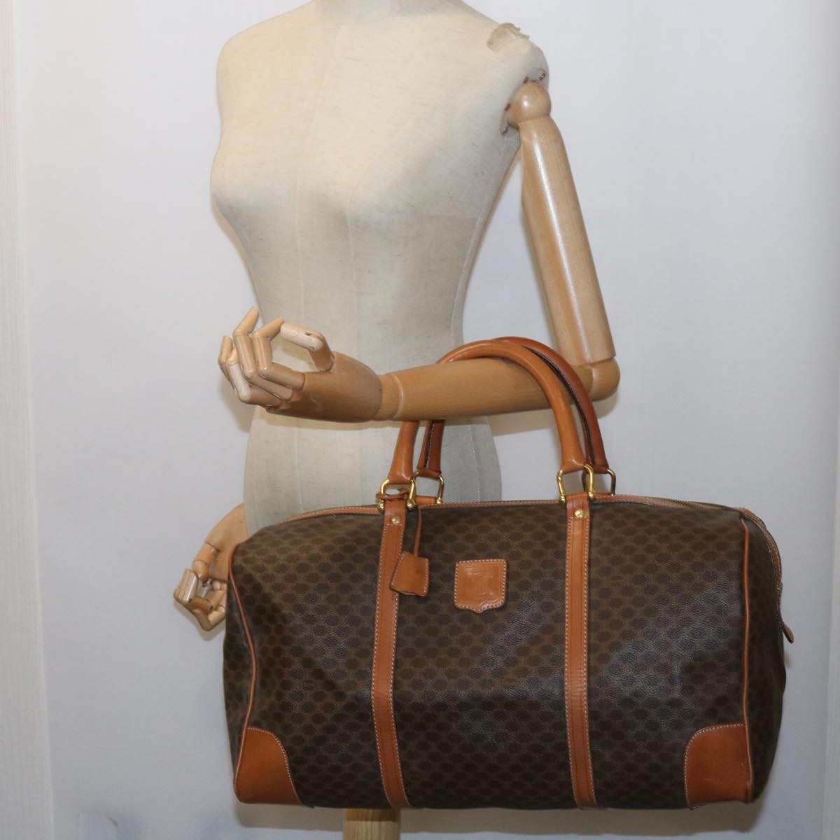 CELINE Macadam Canvas Boston Bag PVC Leather Brown Auth bs10153