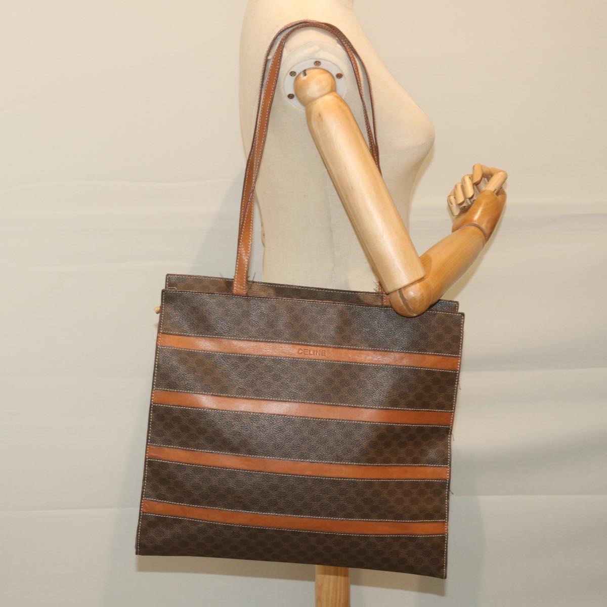 CELINE Macadam Canvas Shoulder Bag PVC Leather Brown Auth bs10227