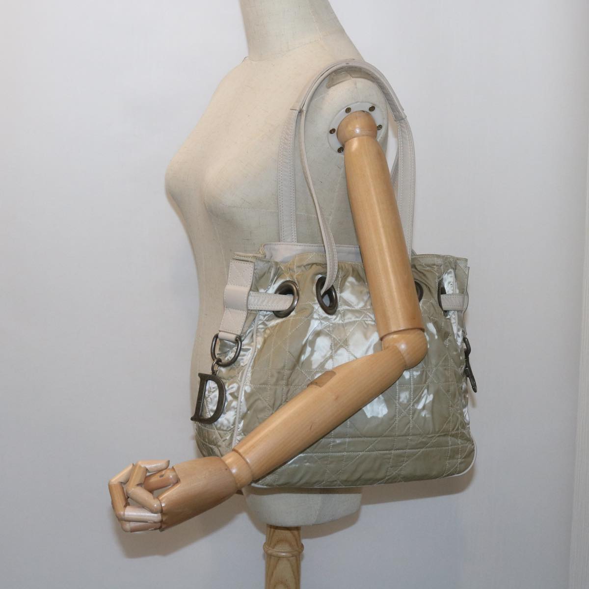 Christian Dior Canage Chain Shoulder Bag Nylon Beige Auth bs10299