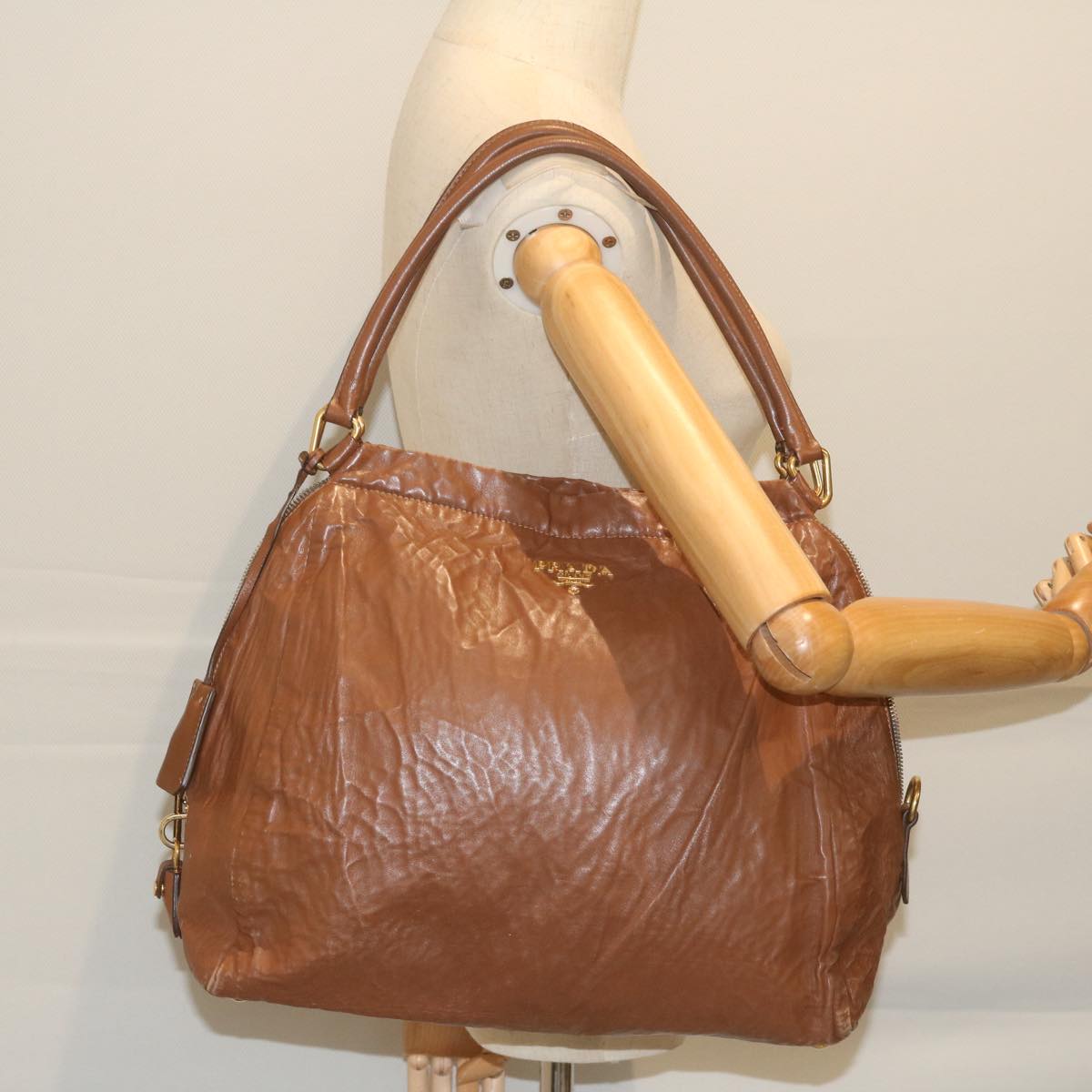 PRADA Shoulder Bag Leather Brown Auth bs10305