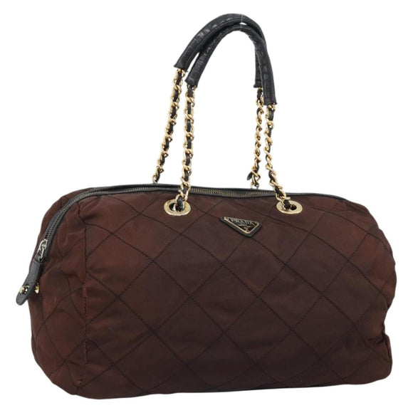 PRADA Chain Boston Bag Nylon Brown Gold Auth bs10311