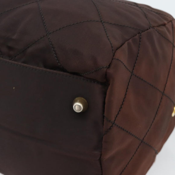 PRADA Chain Boston Bag Nylon Brown Gold Auth bs10311