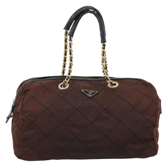 PRADA Chain Boston Bag Nylon Brown Gold Auth bs10311