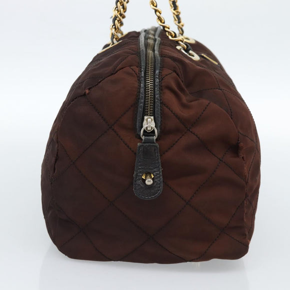 PRADA Chain Boston Bag Nylon Brown Gold Auth bs10311