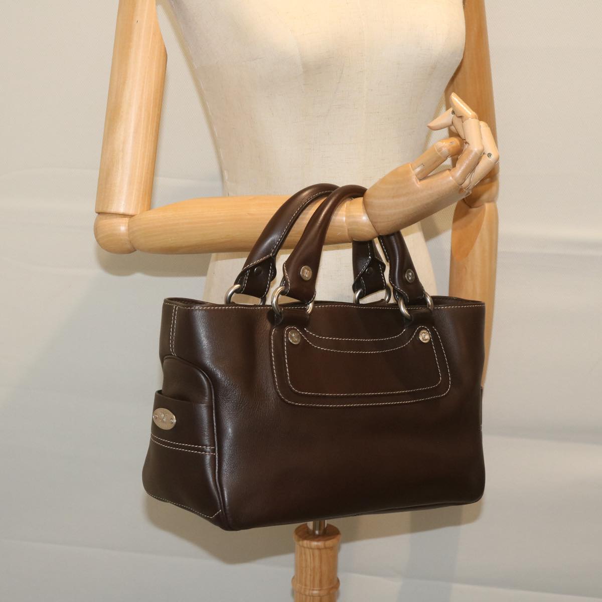 CELINE Hand Bag Leather Brown Auth bs10411