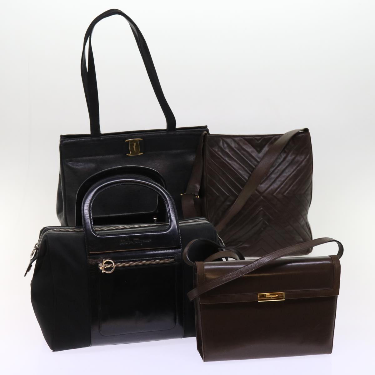 Salvatore Ferragamo Shoulder Bag Leather 4Set Black Brown Auth bs10469