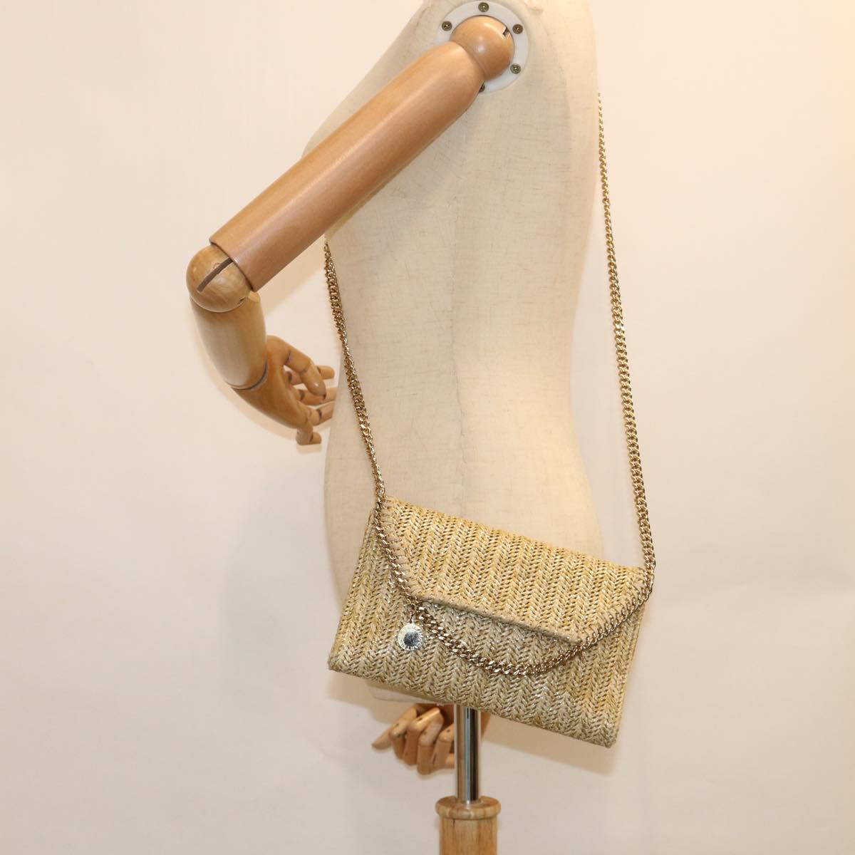 Stella MacCartney Chain Falabella Shoulder Bag Straw Beige Auth bs10492