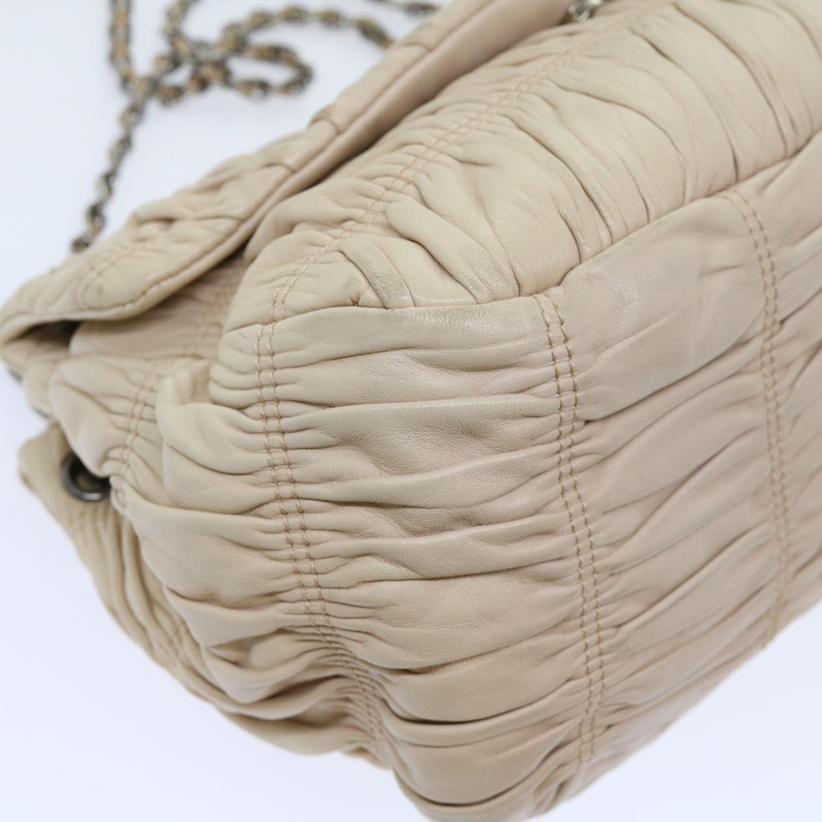 PRADA Chain Shoulder Bag Leather Beige Auth bs10858