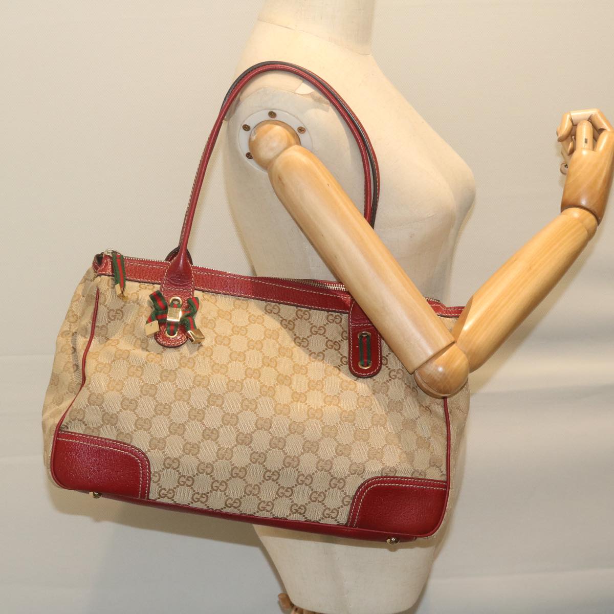 GUCCI Web Sherry Line GG Canvas Shoulder Bag Beige Red Green 177052 Auth bs10956