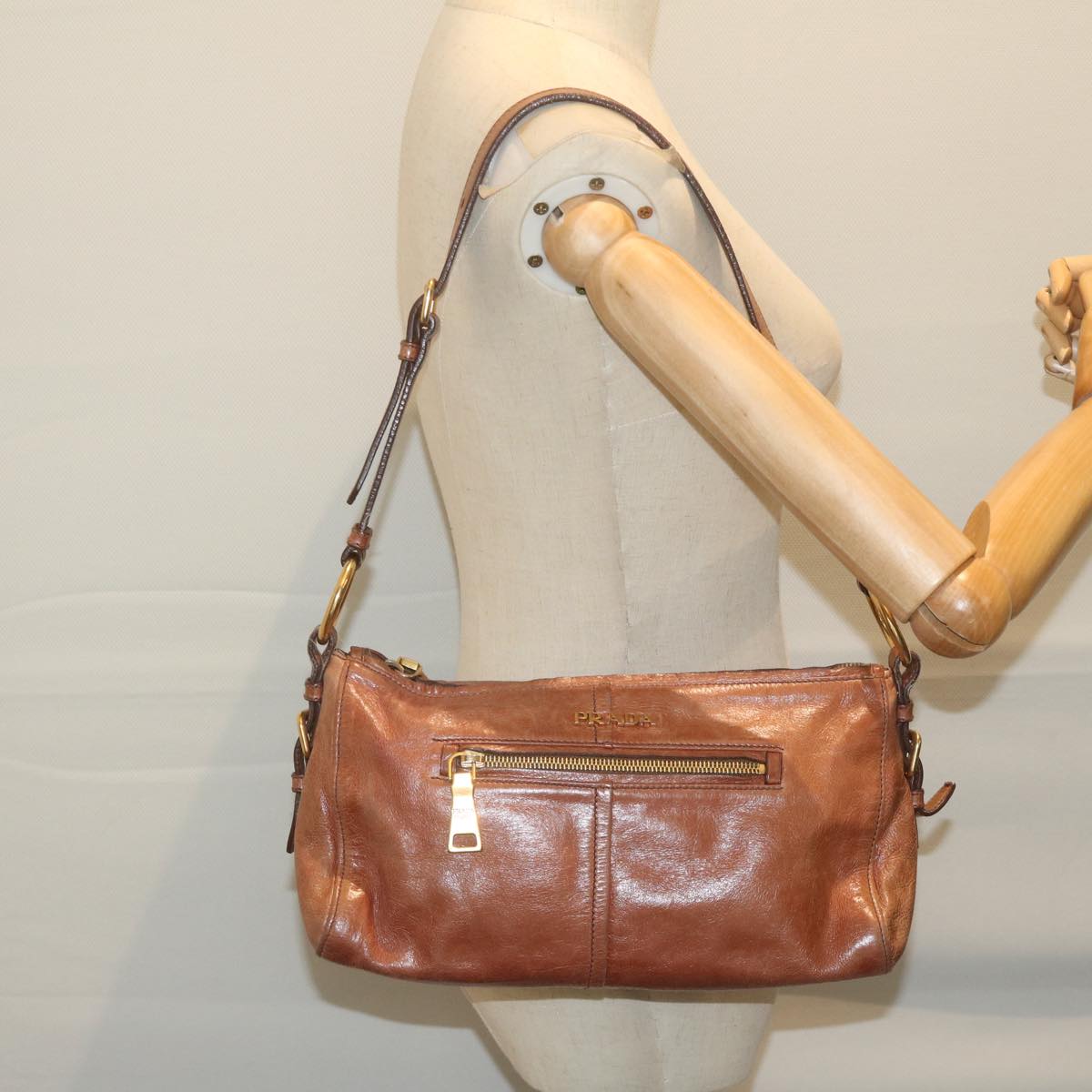 PRADA Shoulder Bag Leather Brown Auth bs10961