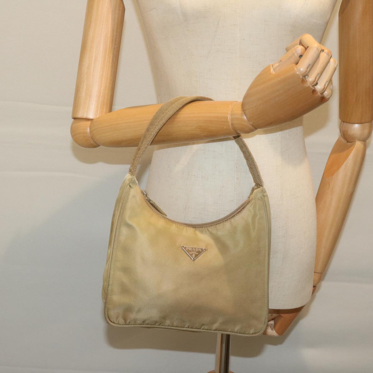 PRADA Hand Bag Nylon Beige Auth bs10991