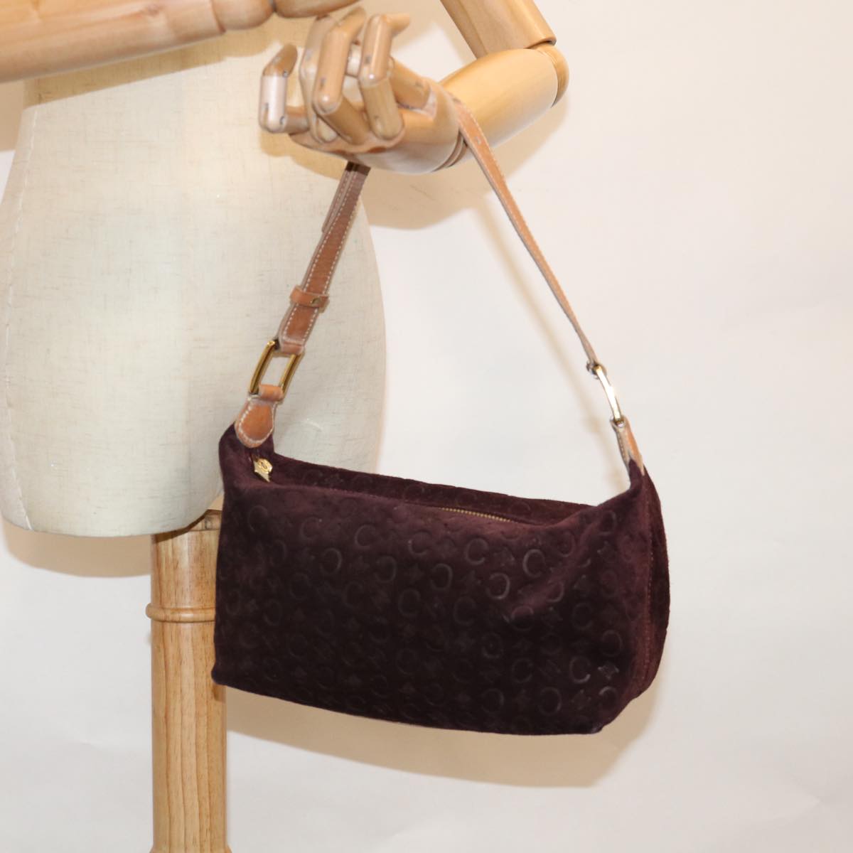 CELINE C Macadam Canvas Shoulder Bag Wine Red Auth bs11004