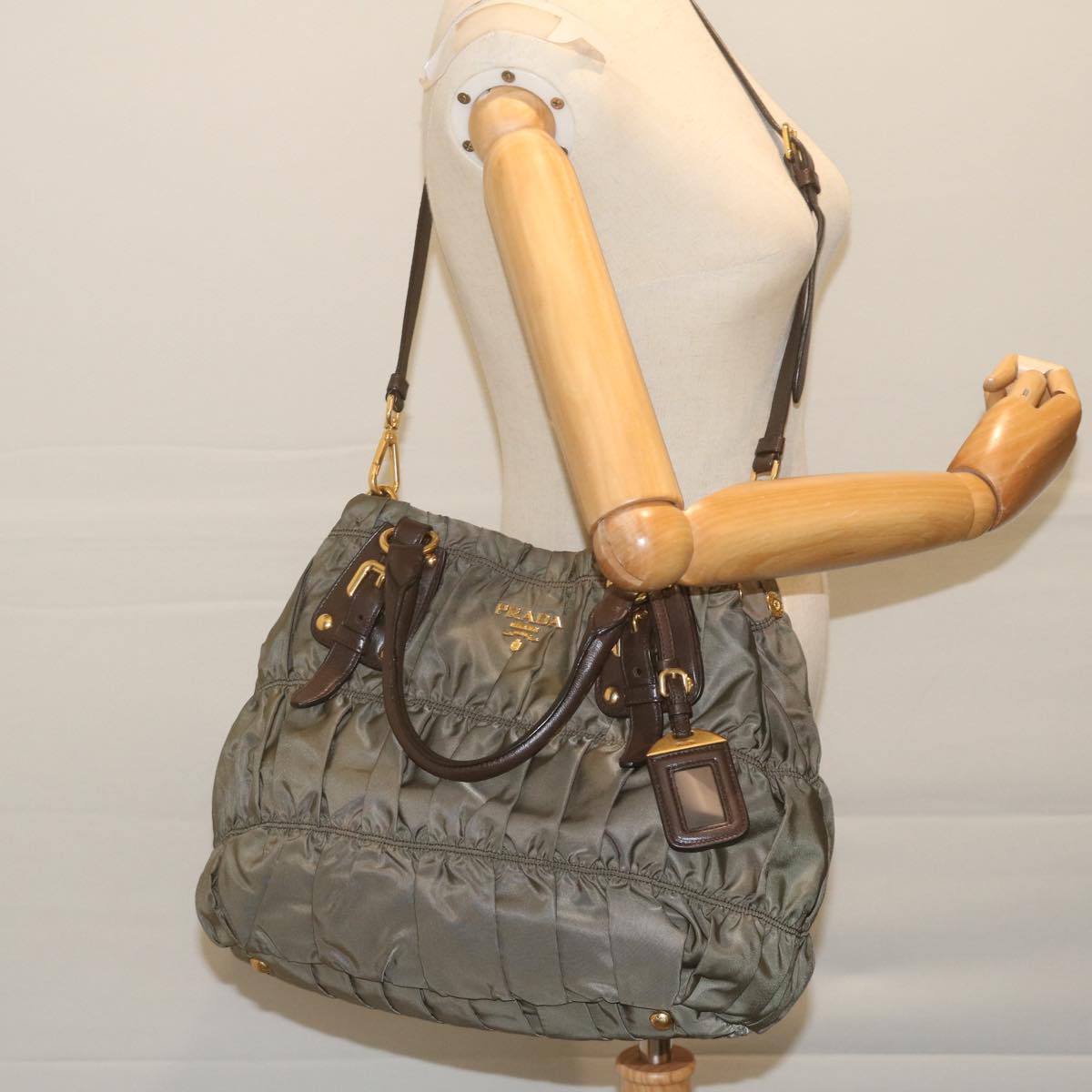PRADA Hand Bag Nylon 2way Khaki Auth bs11075
