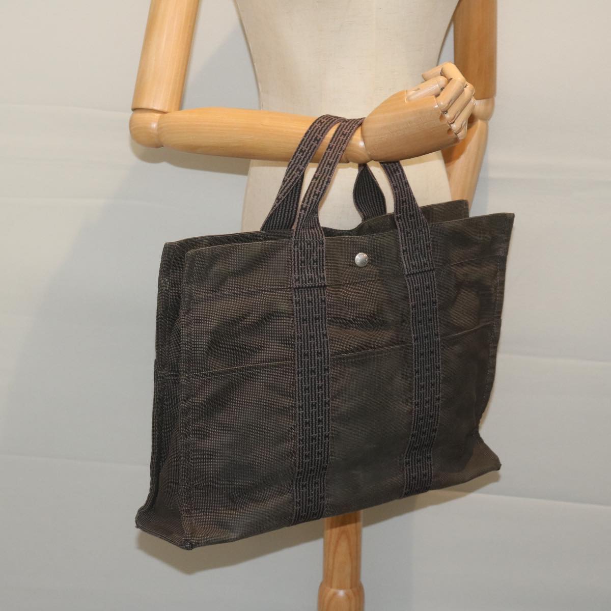 HERMES Her Line MM Tote Bag Canvas Gray Auth bs11086