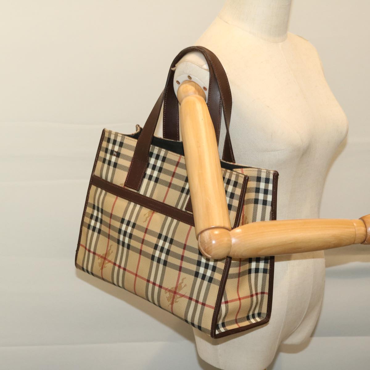 BURBERRY Nova Check Tote Bag PVC Leather Beige Auth bs11192