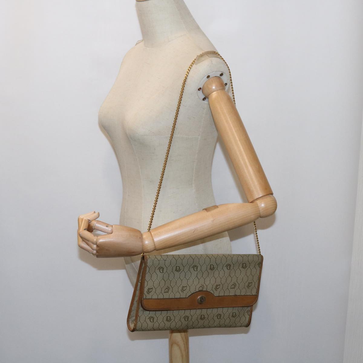 Christian Dior Honeycomb Canvas Chain Shoulder Bag Beige Auth bs11193