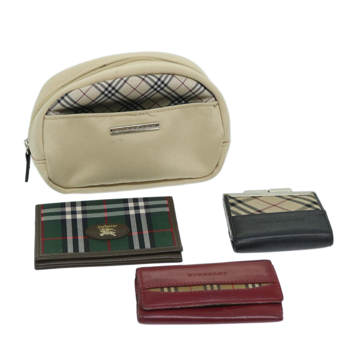 BURBERRY Nova Check Pouch Nylon 4Set Green Beige Auth bs11215