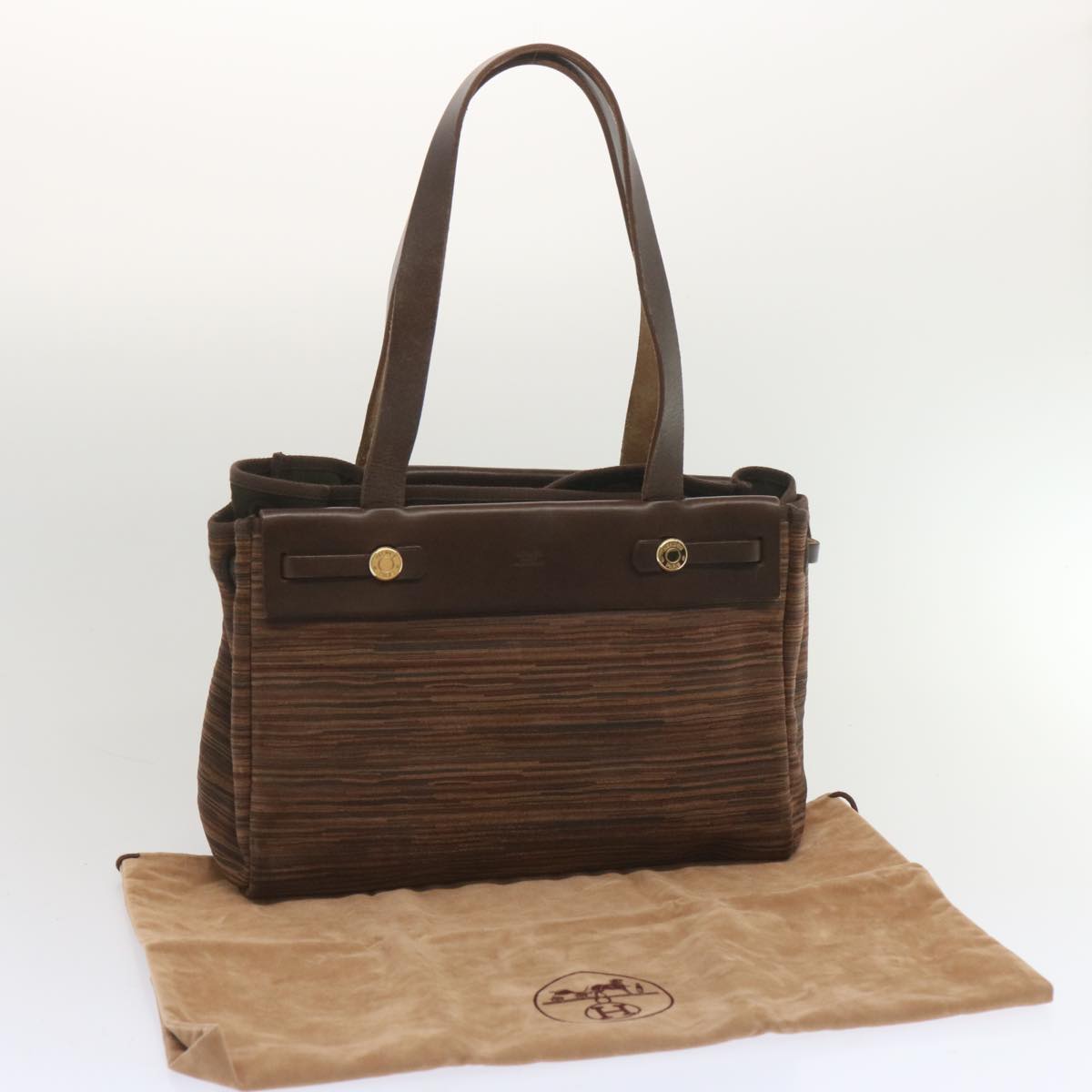 HERMES Her Bag Kabas PM Tote Bag Canvas Brown Auth bs11235