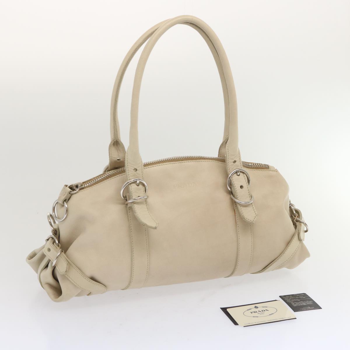 PRADA Shoulder Bag Leather Beige Auth bs11264