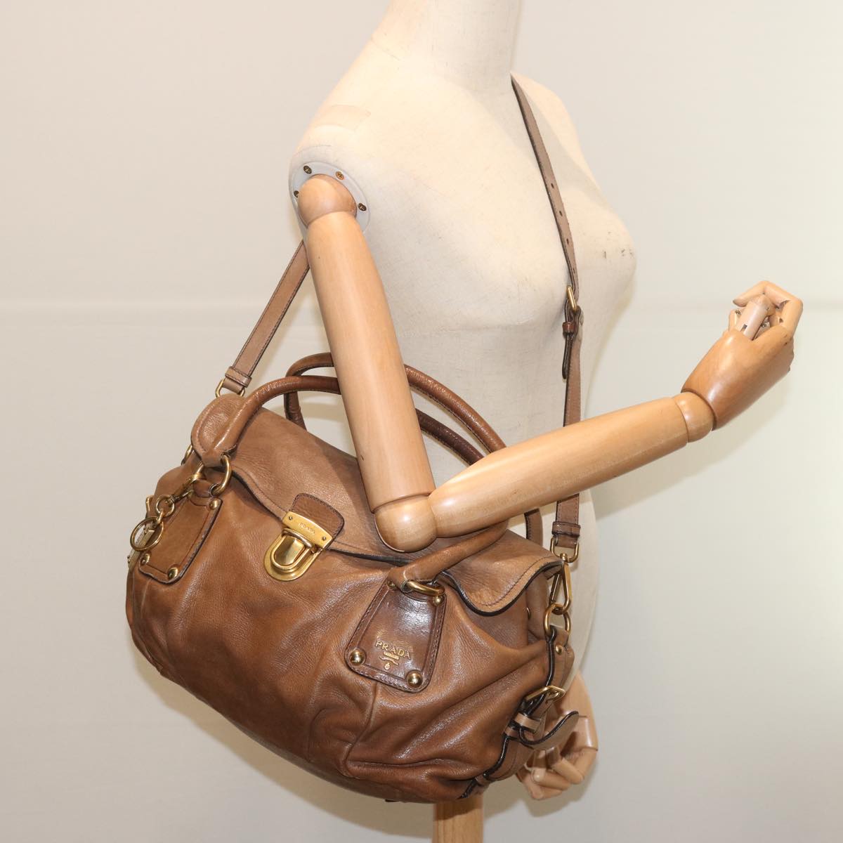 PRADA Shoulder Bag Leather 2way Brown Auth bs11266